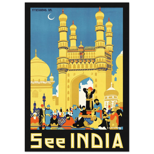 See India vintage travel poster. Charminar monument in Hyderabad.