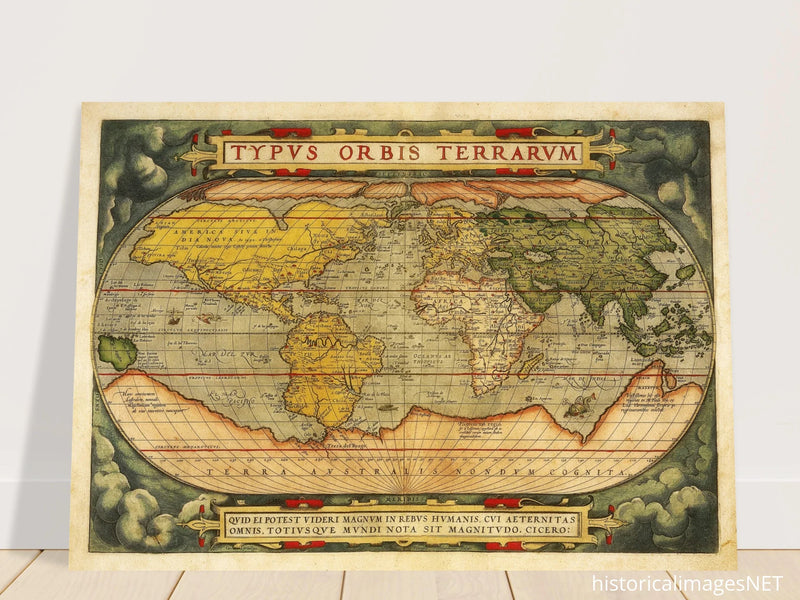 Ancient map reproduction print of a world map of 1579 Typus Orbis Terrarum by Abraham Ortelius.