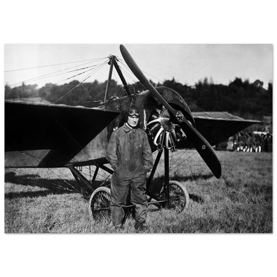 American aviator Frank Champion with vintage airplane 1915