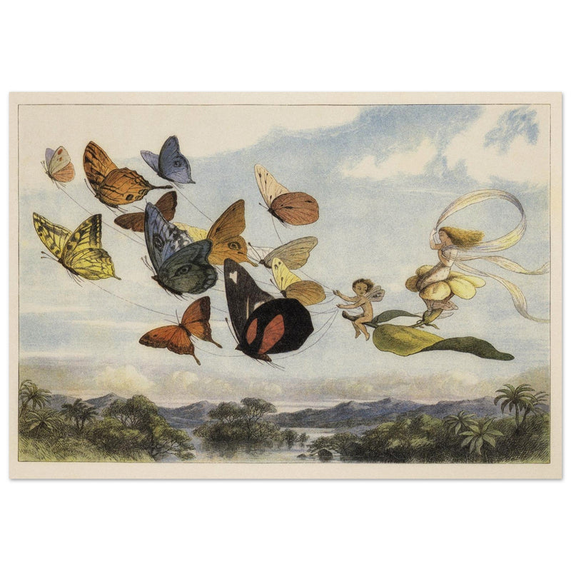 Richard Doyle illustration for Fairyland. The Fairy Queen in her carriage driven by butterflies.