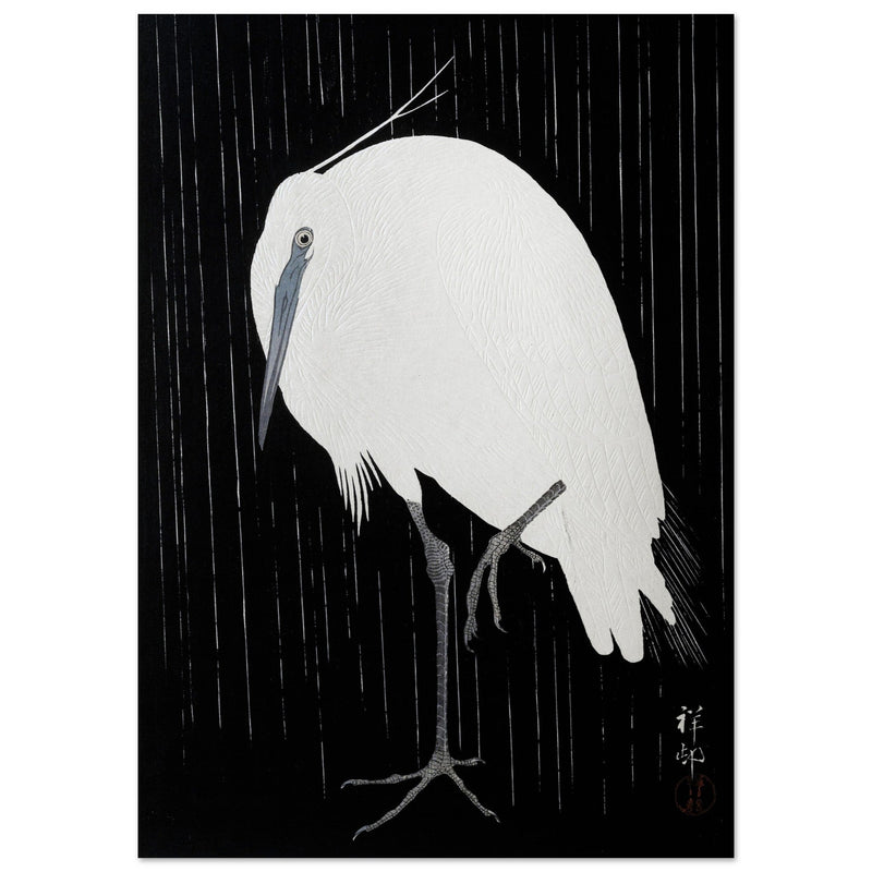 Egret in the rain by Ohara Koson woodblock print