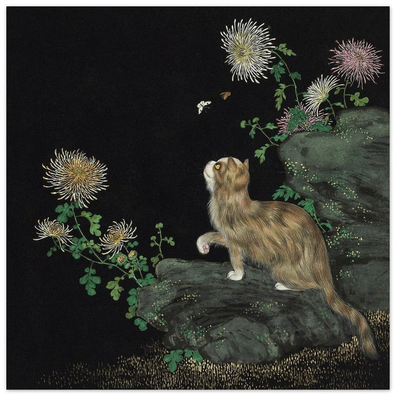 Cats and Butterflies in Springtime old oriental painting by Shen Zhenlin.