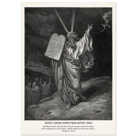 Gustave Dore The Bible engraving print . Moses coming down from Mount Sinai .