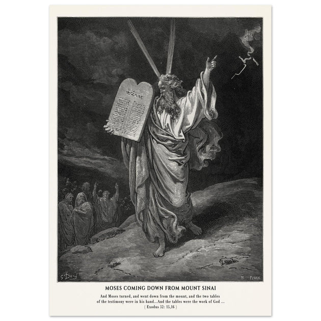 Gustave Dore The Bible engraving print . Moses coming down from Mount Sinai .