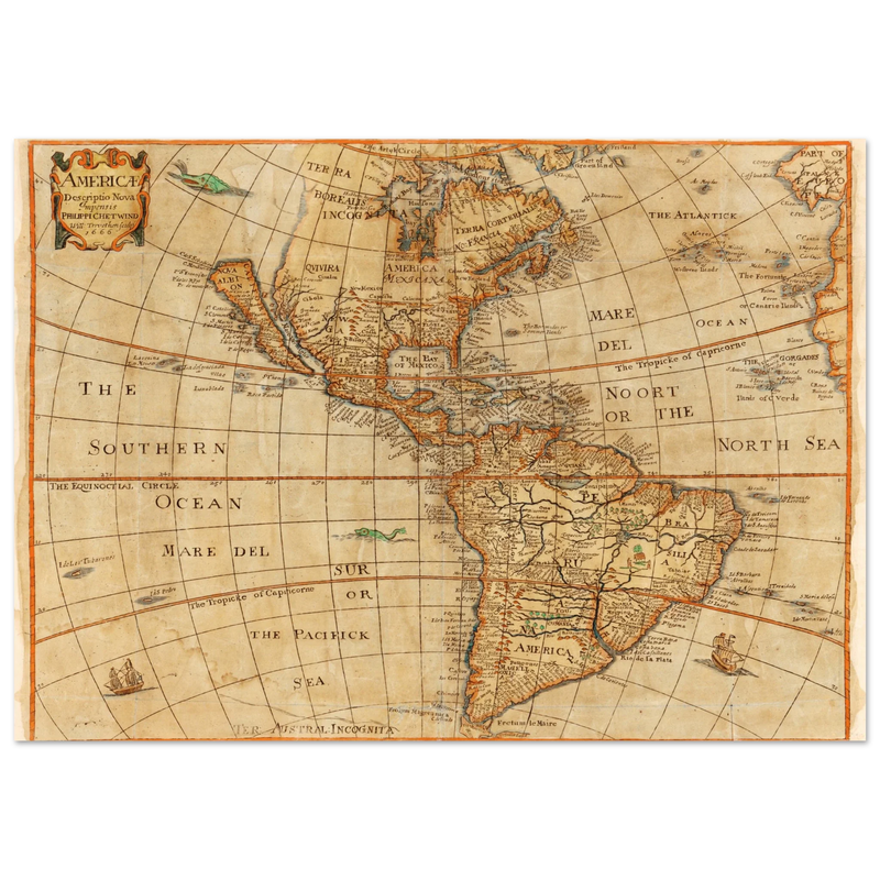 Ancient map of America. "Americae Descriptio Nova" by Philip Chetwind