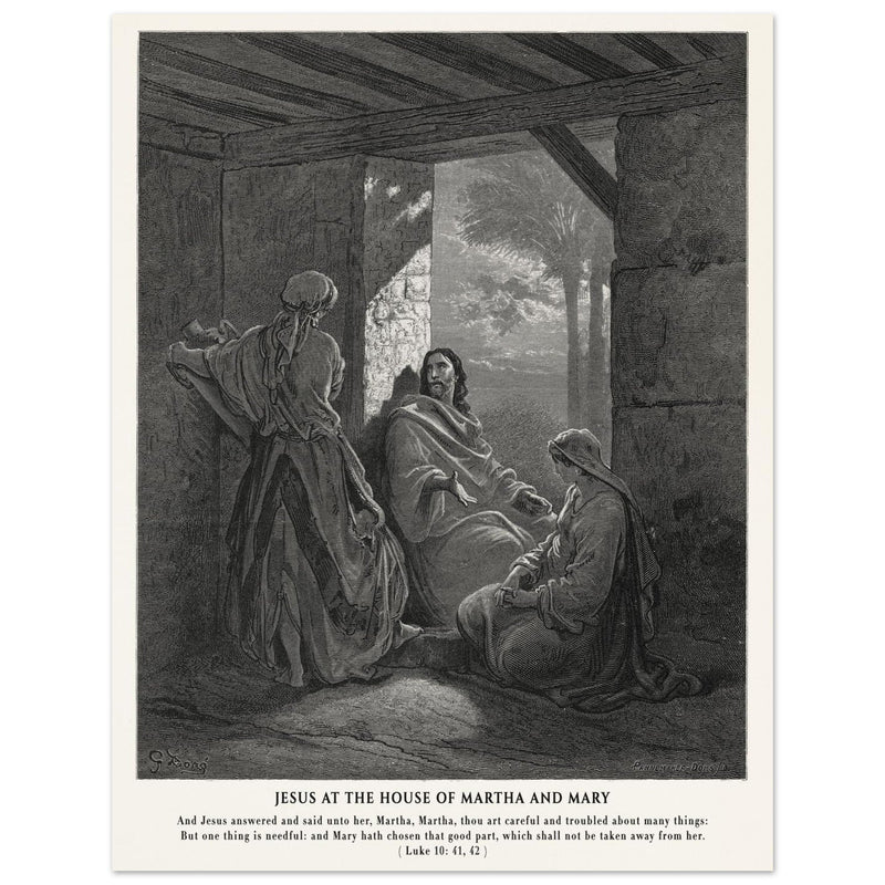 Gustave Dore The Bible engraving print . Jesus at the house of Martha and Mary .