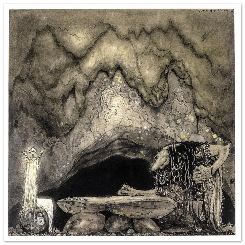 John Bauer illustration for the fairy tale The Boy and the trolls by Walter Stenstrom.