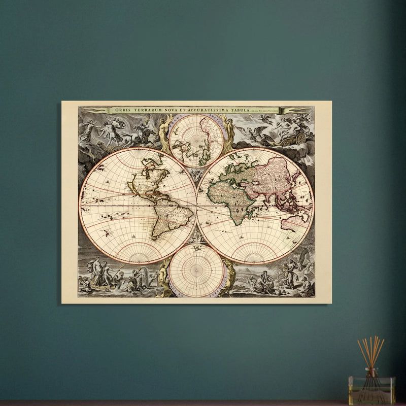 Antique world map print reproduction of the XVII Century. Orbis terrarum nova by Nicolaes Visscher II