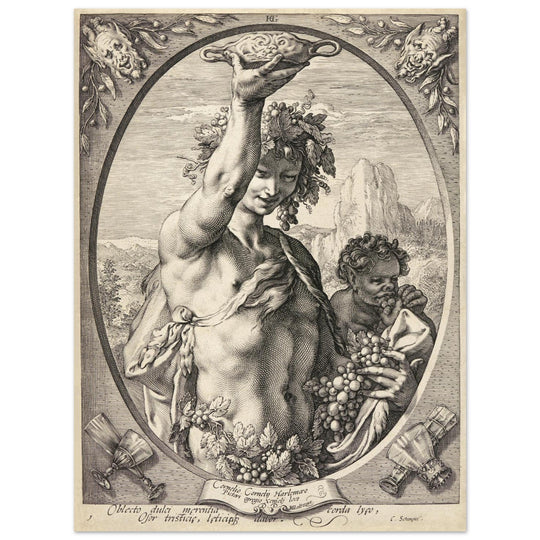 Bacchus in Half-Length by Hendrick Goltzius 1596. Roman God of wine vintage engraving .