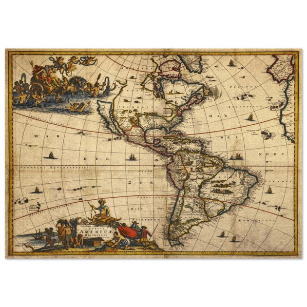 Ancient old illustrated map of America by Jacobum Meursium XVII Century