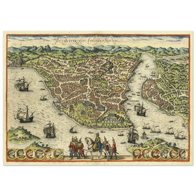 Istanbul ancient map. Byzantium Nunc Constantinopolis by Georg Braun