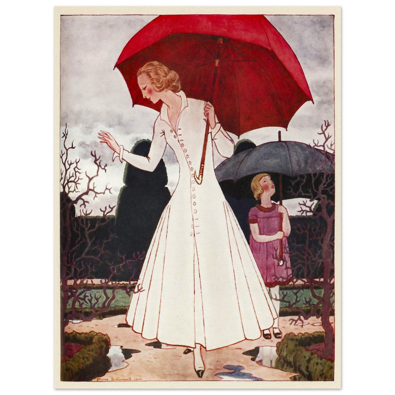 Pierre Brissaud vintage illustration for a fashion magazine cover. Mother with her daughter on a rainy day.