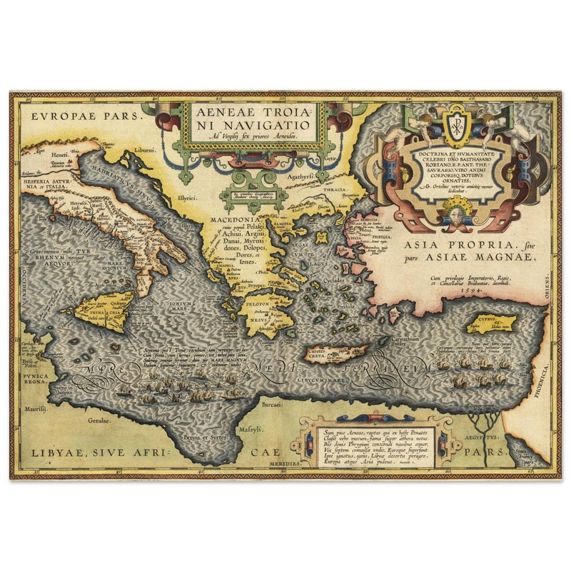 Ancient map of Europe and Asia tracing the sea route to Troy across the Mediterranean sea by Abraham Ortelius