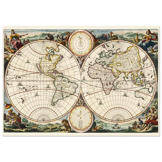 Ancient world map. Vintage double hemisphere cartography by Daniel Stoopendaal .
