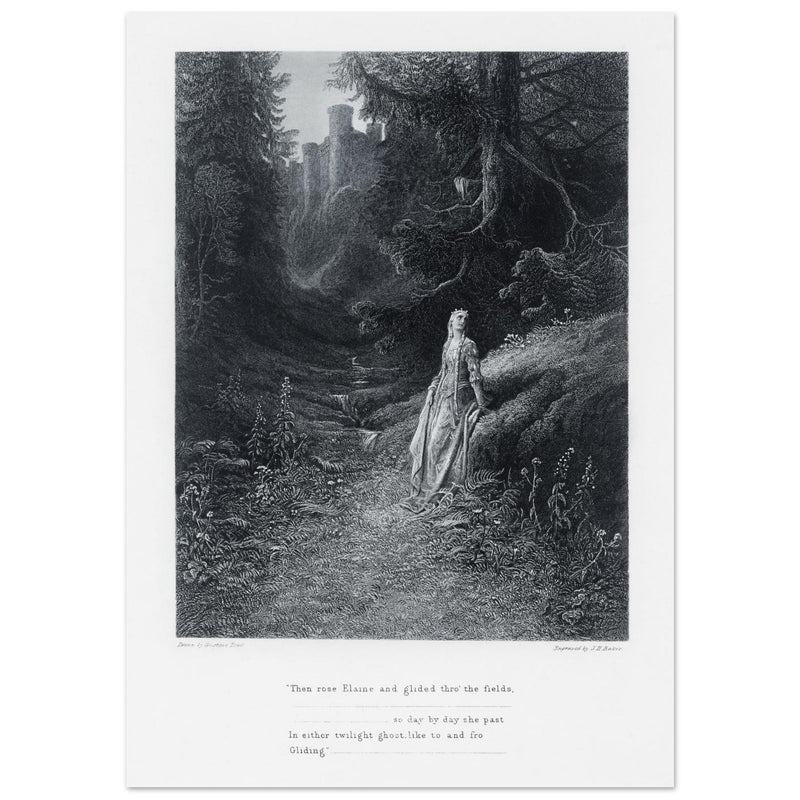 Gustave Dore illustration of King Arthur legend .Elaine on her Road to the Cave of Lancelot. book Idylls of the King by Alfred Tennyson