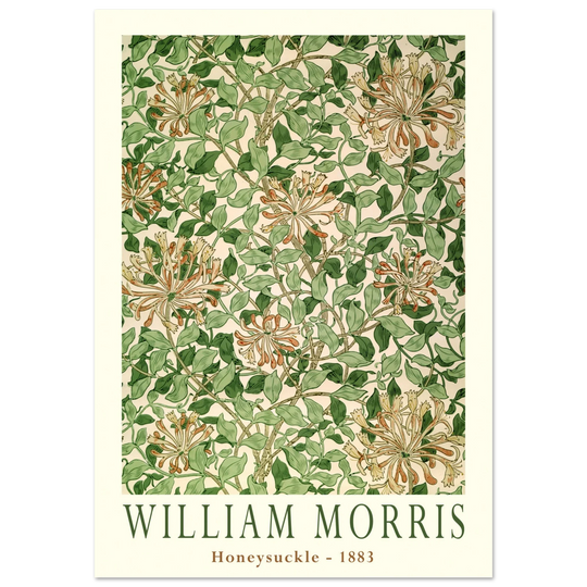 William Morris art print Honeysuckle wallpaper. Vintage flower and leaves poster.