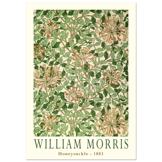 William Morris art print Honeysuckle wallpaper. Vintage flower and leaves poster.
