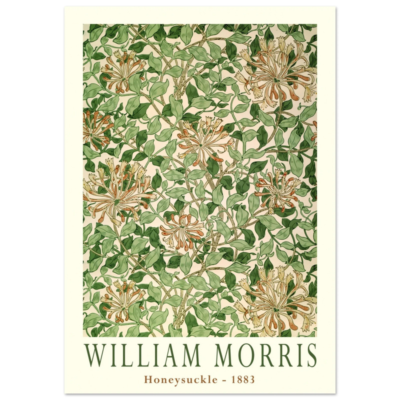 William Morris art print Honeysuckle wallpaper. Vintage flower and leaves poster.