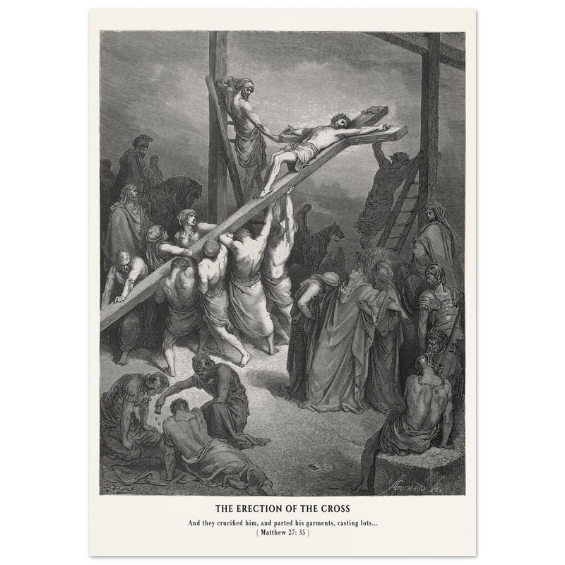 Gustave Dore The Bible engraving print . The Crucifixion  illustration .The erection of the cross.