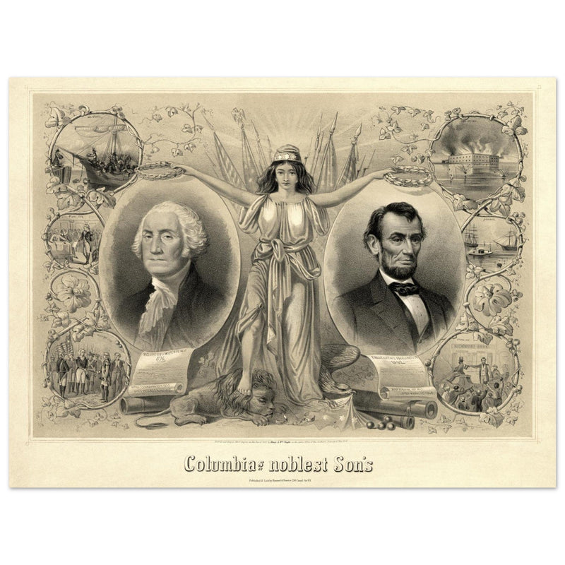 Abraham Lincoln and George Washington. Columbia's noblest sons engraving