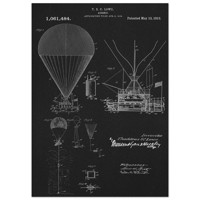 Airship patent illustration by T S C Lowe. Air Balloon