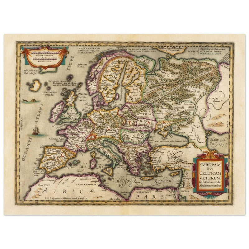 Ancient map of Europe and the Celts. Europam sive Celticam veterem by Abraham Ortelius.