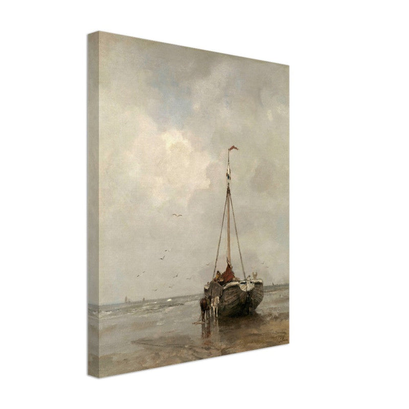 Jacob Maris old marine painting Bluff-bowed Fishing Boat on the Beach at Scheveningen.