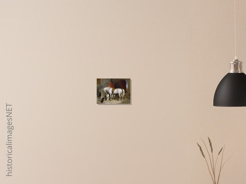 White horse in stable with dogs antique painting by Edwin Landseer.