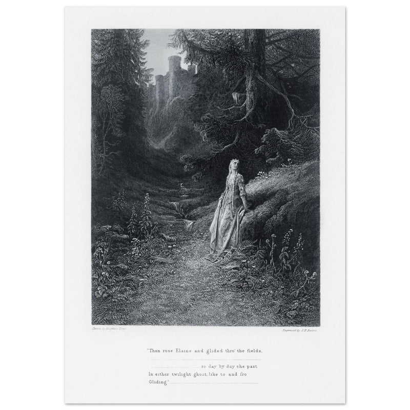 Gustave Dore illustration of King Arthur legend .Elaine on her Road to the Cave of Lancelot. book Idylls of the King by Alfred Tennyson