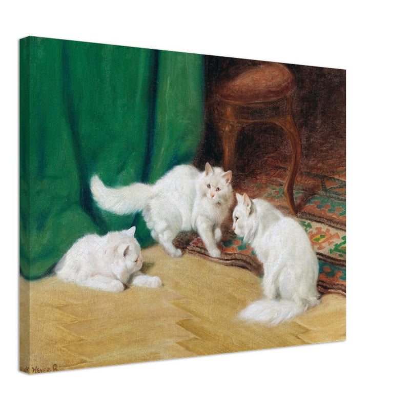 Three white cats playing old painting by Arthur Heyer.
