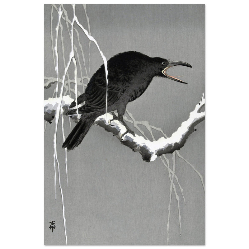 Crow on snowy tree branch by Ohara Koson, ,