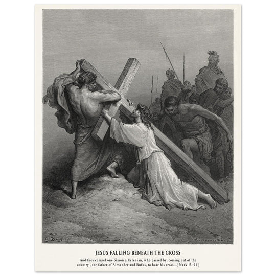 Gustave Dore The Bible engraving print . Jesus falling beneath the cross .