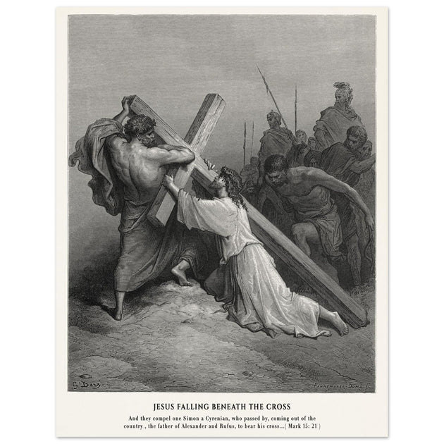 Gustave Dore The Bible engraving print . Jesus falling beneath the cross .