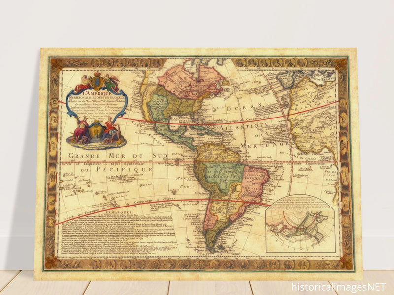 Ancient map of America. Old antique american map of the XVIII Century.  and poster