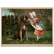 Girl in pink dress and white bonnet with dog vintage illustration poster by Knapp 1892