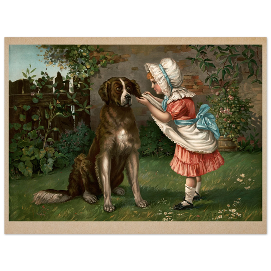 Girl in pink dress and white bonnet with dog vintage illustration poster by Knapp 1892