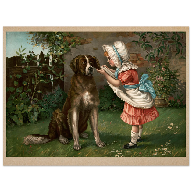 Girl in pink dress and white bonnet with dog vintage illustration poster by Knapp 1892