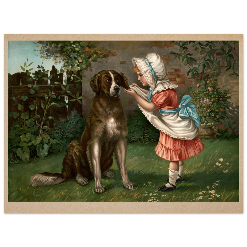 Girl in pink dress and white bonnet with dog vintage illustration poster by Knapp 1892