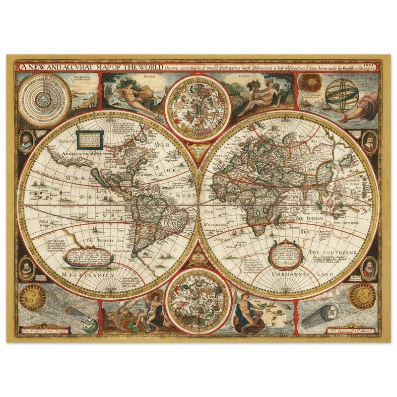 Ancient world map. Beautiful illustrated double sphere cartography of the XVIII Century by Frederick de Wit