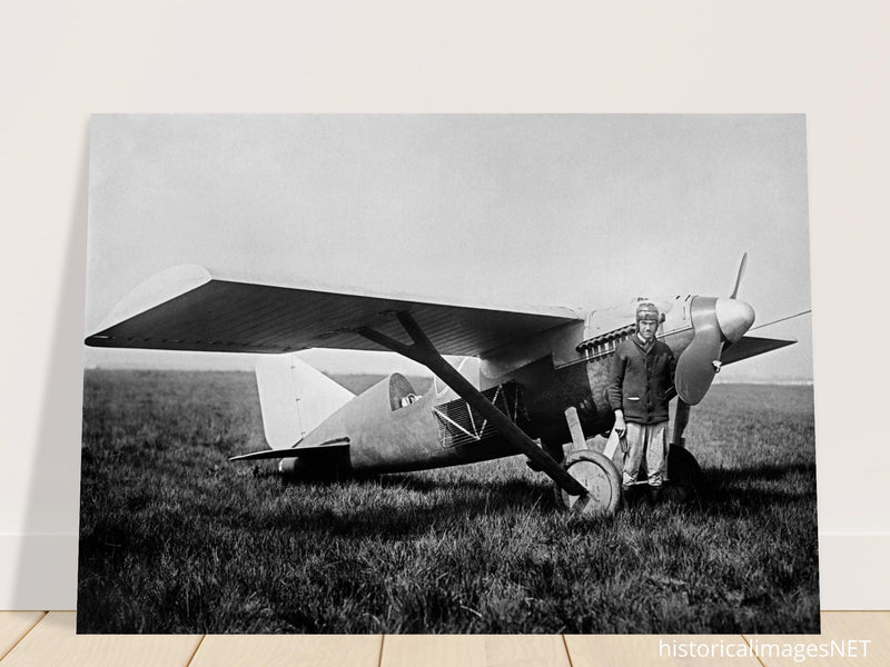 American aviator Roland Rohlfs stands in front of vintage airplane 1920 Fine art
