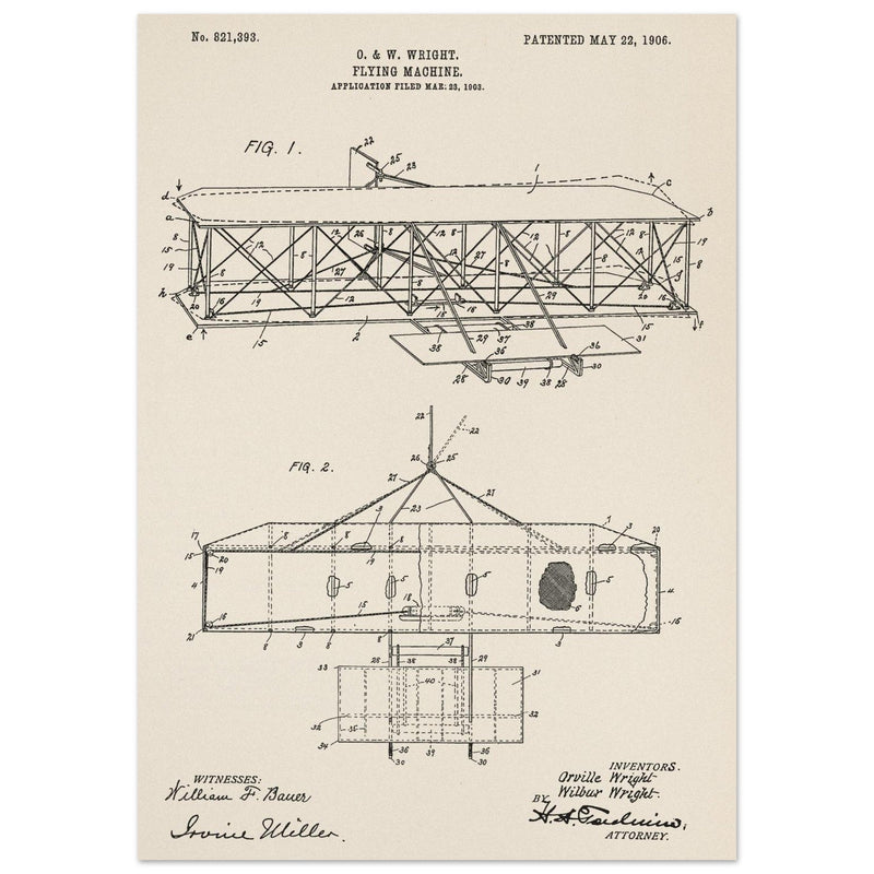 Flying machine patent 1906 by the Wright brothers. Vintage airplane.