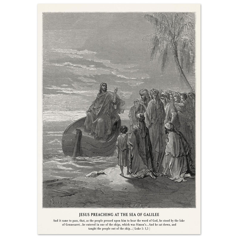 Gustave Dore The Bible engraving print . Jesus preaching at the sea of Galilee .