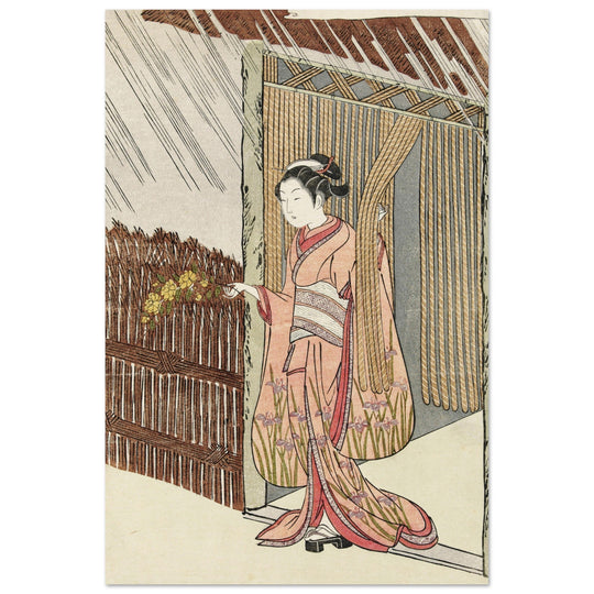 Girl with a yamabuki branch in hands by Suzuki Harunobu XVIII Century Woodblock print reproduction,