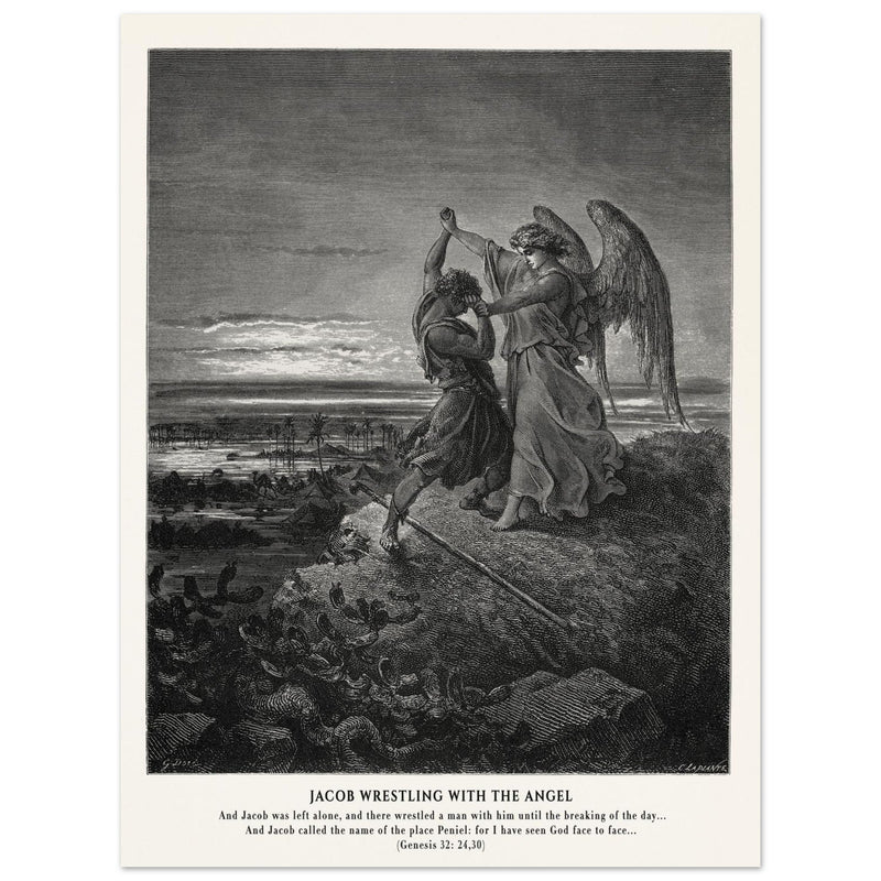 Gustave Dore The Bible engraving print . Jacob wrestling with the angel .