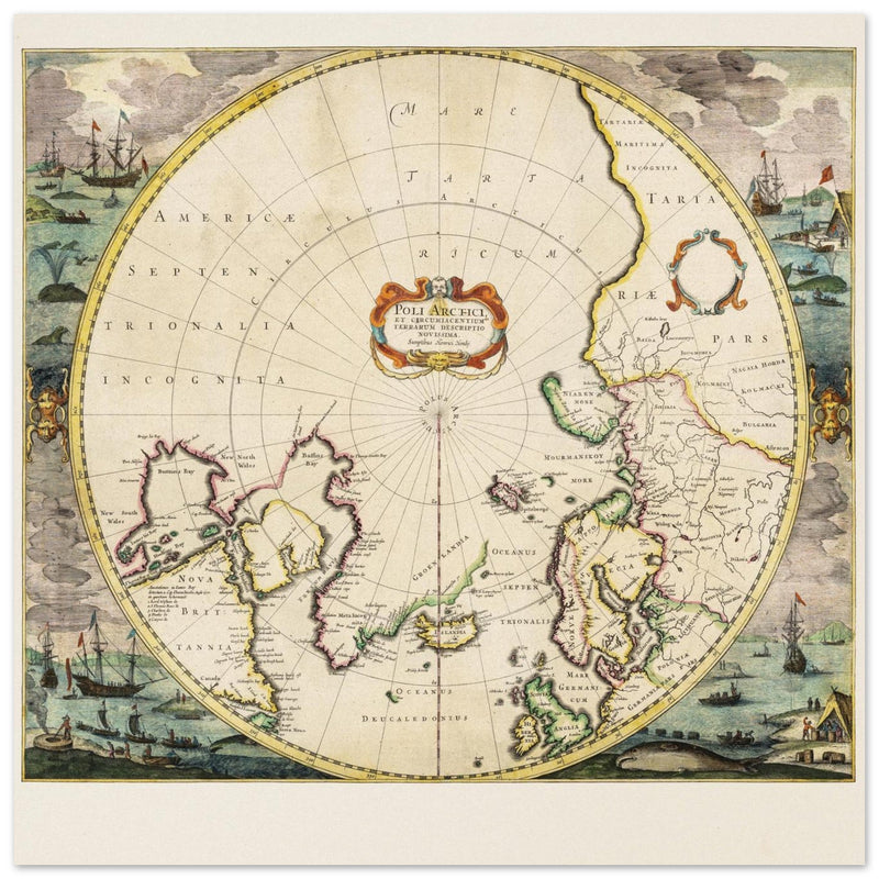 Ancient sea chart of the North Pole illustrated map by Jodocus Hondius XVII Century.