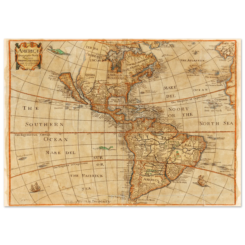 Ancient map of America. "Americae Descriptio Nova" by Philip Chetwind