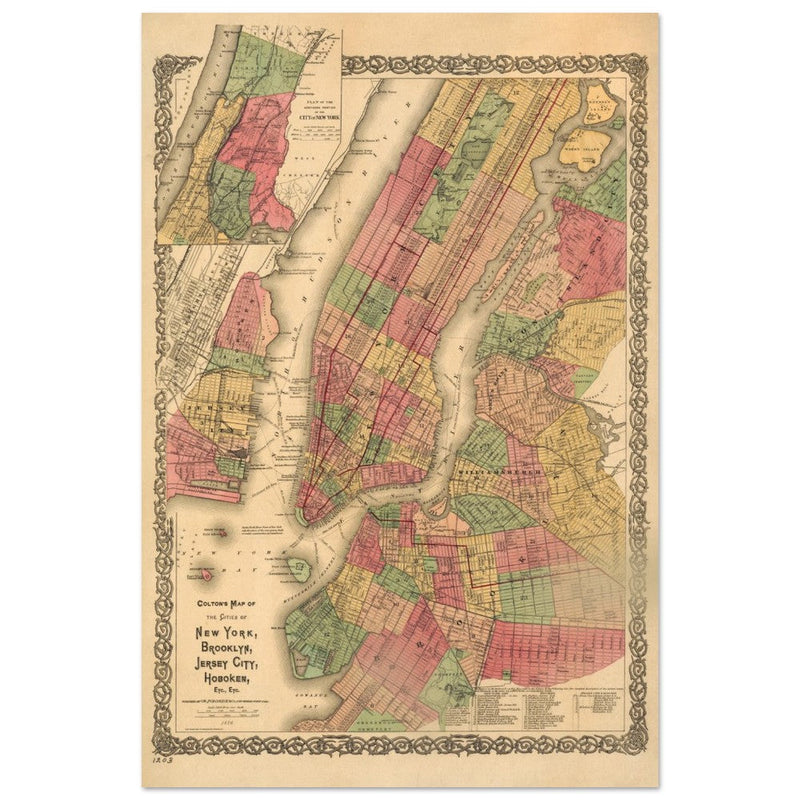 1886 New York City vintage map by G. W & C.B Colton. Antique maps