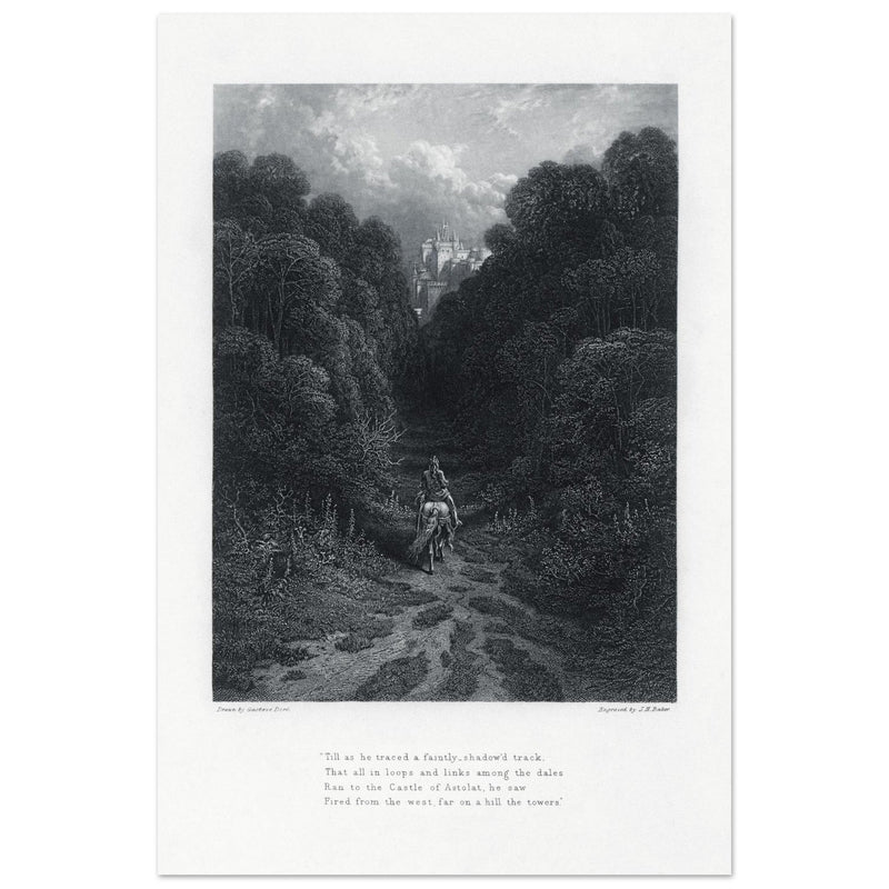 Gustave Dore illustration of King Arthur legend .Lancelot approaching the Castle of Astolat, Idylls of the King by Alfred Tennyson.