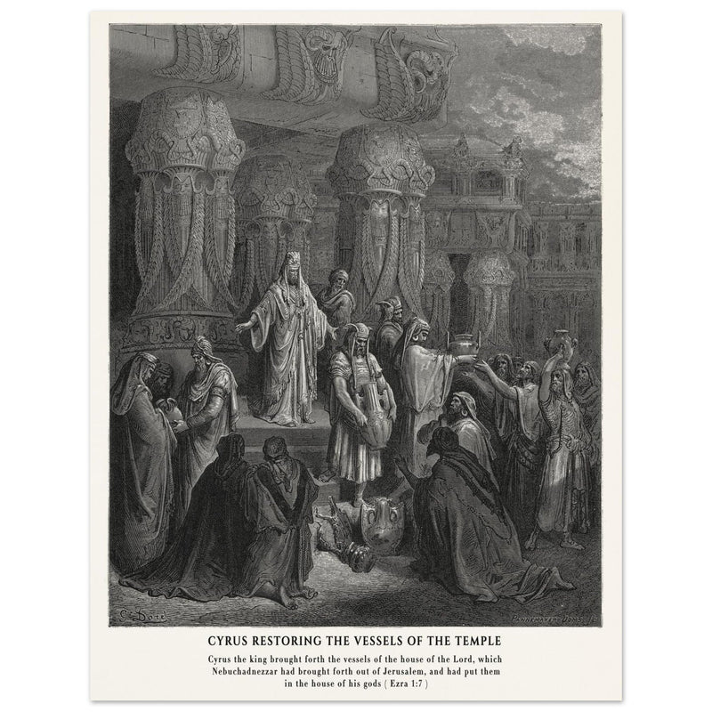 Gustave Dore The Bible engraving print . Cyrus restoring the vessesls of the temple .