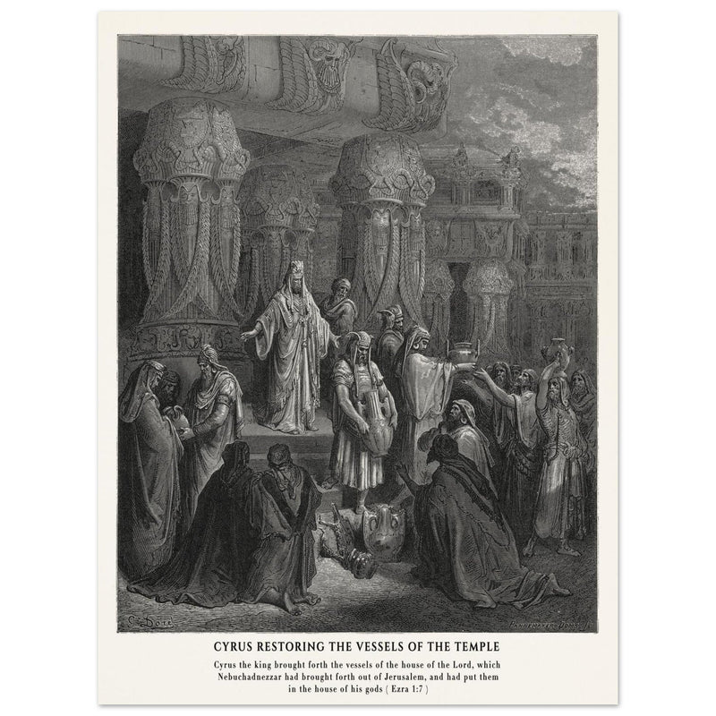 Gustave Dore The Bible engraving print . Cyrus restoring the vessesls of the temple .